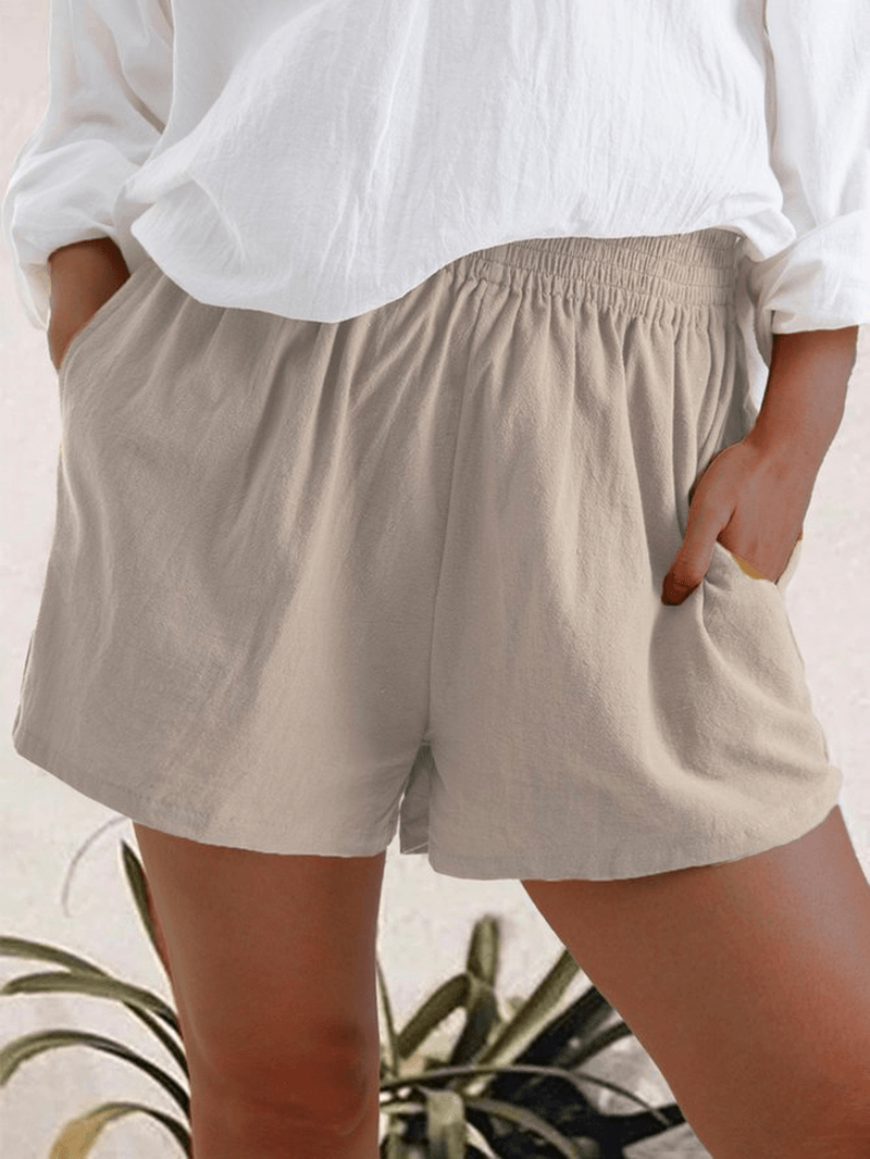 Women Casual Solid Color Elastic Waist Pocket Shorts