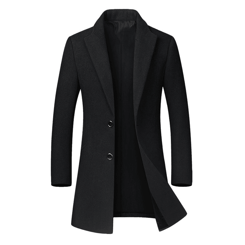 Mens Business Casual Woolen Trench Coat Mid-Long Single Breasted Slim Fit Coat