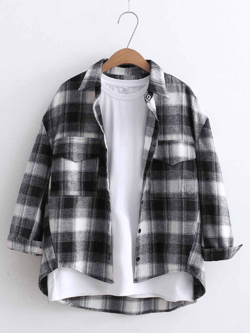 Loose Plaid Long Sleeve Turn-Down Collar Blouse