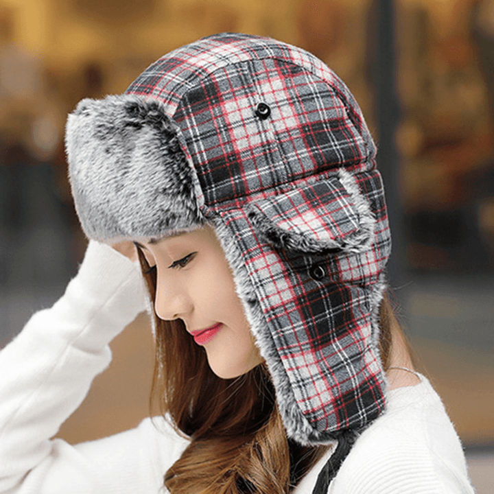 Mens Womens Plaid plus Velvet Earmuffs Ushanka Trapper Hat