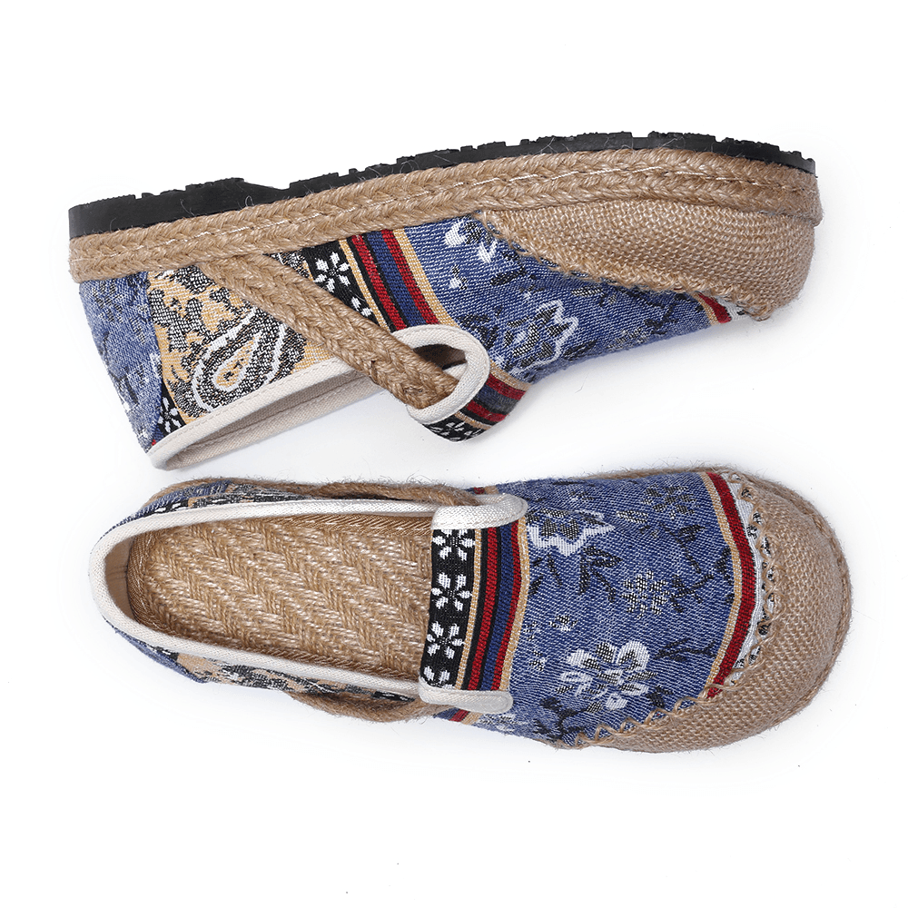 Women Linen Old Peking Printing Stricing Slip on Loafers