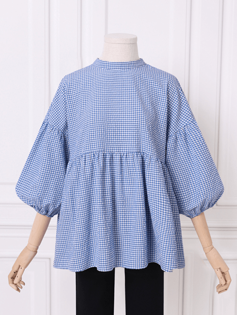 Women Plaid Printed Pleats O-Neck Butterfly Knot Drawstring Loose Shirts