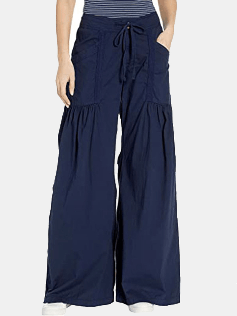 Women Solid Color Elastic Waist Loose Wide Leg Pants with Pocket