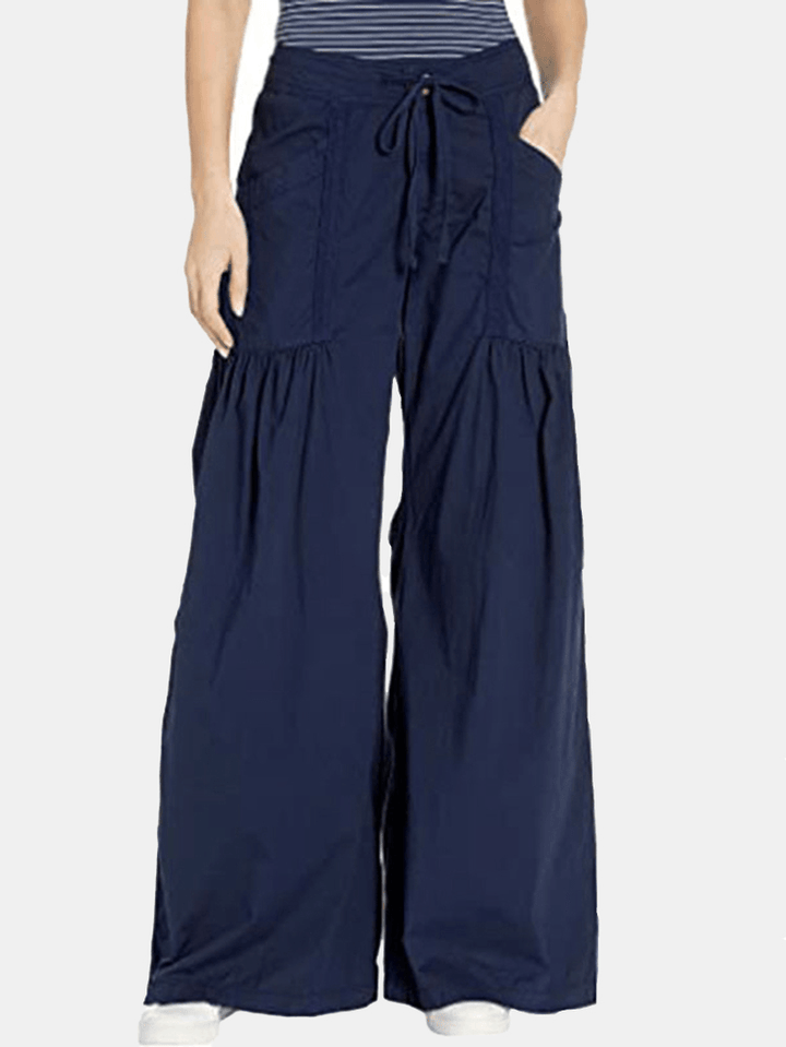 Women Solid Color Elastic Waist Loose Wide Leg Pants with Pocket