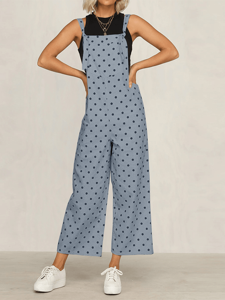 Casual Polka Dot Adjustable Strap Loose Wide Leg Jumpsuit with Pockets