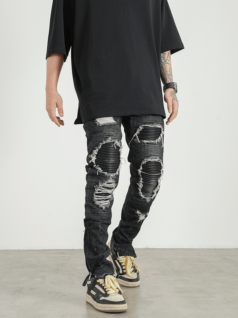 Men Ripped Patch PU and Leather Zipper Jeans