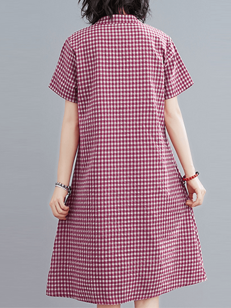 Short Sleeve Stand Collar Pleated Spliced Plaid Casual Dress for Women