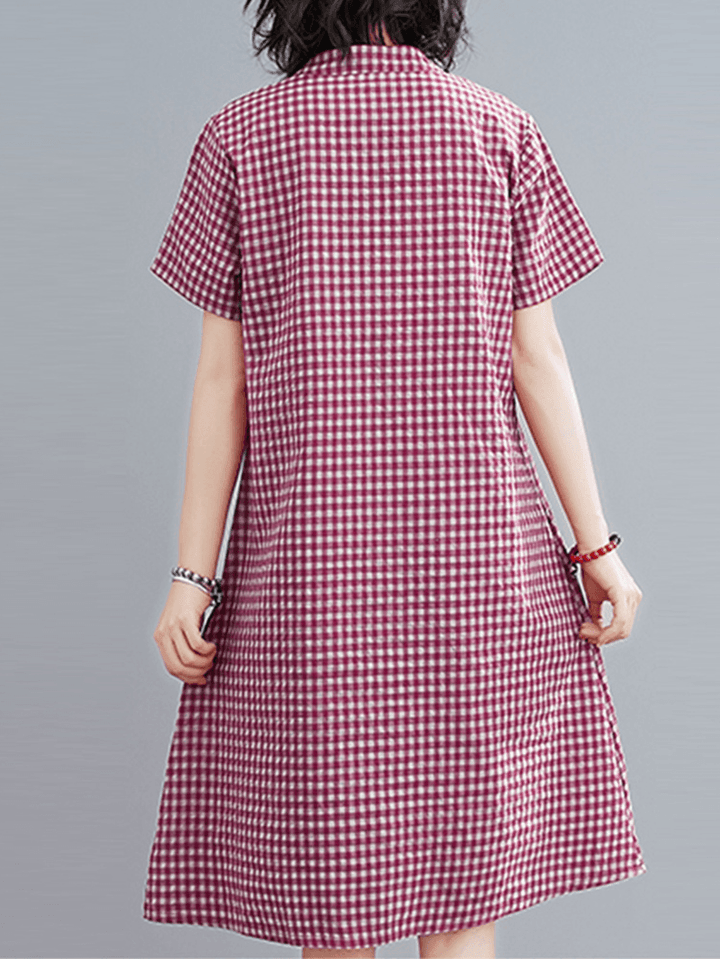 Short Sleeve Stand Collar Pleated Spliced Plaid Casual Dress for Women