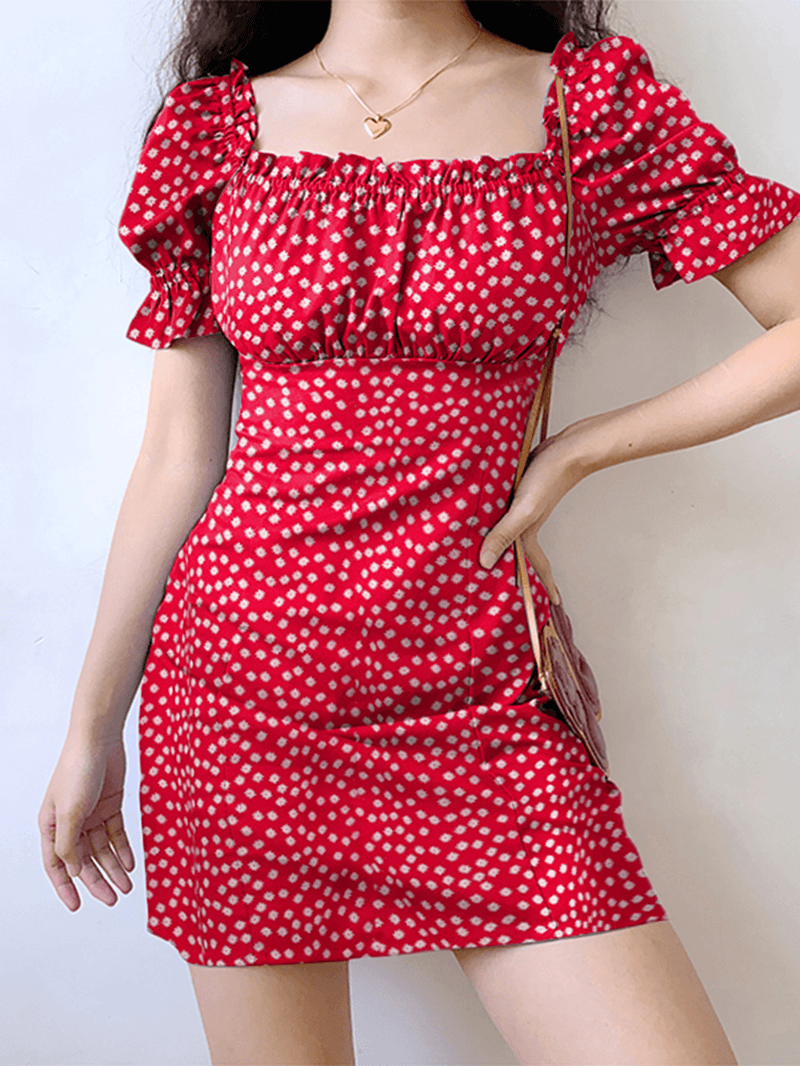 Floral Print Square Collar Pleating Short Sleeve Mini Dress