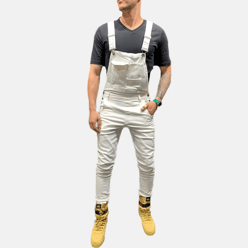 Men Solid Color Big Pocket Retro Denim Pants Jumpsuit