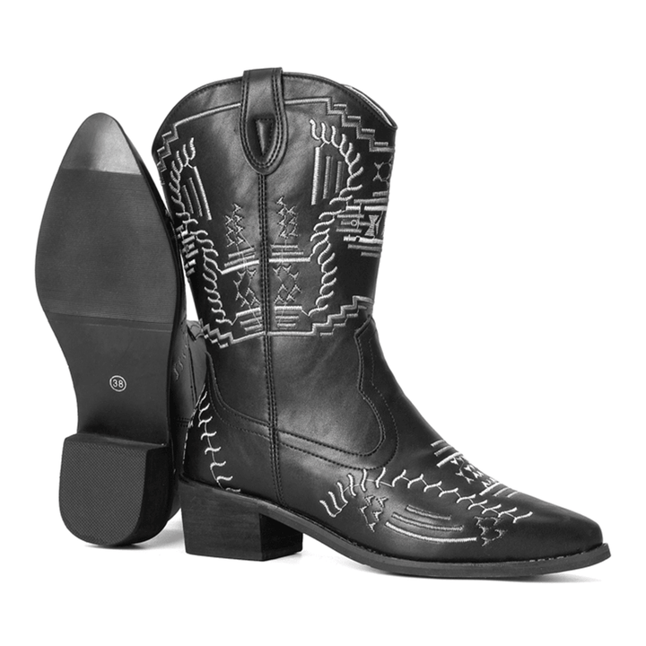 Women Casual Pointed Toe Vintage Embroidered Western Cowboy Boots Martin Boots