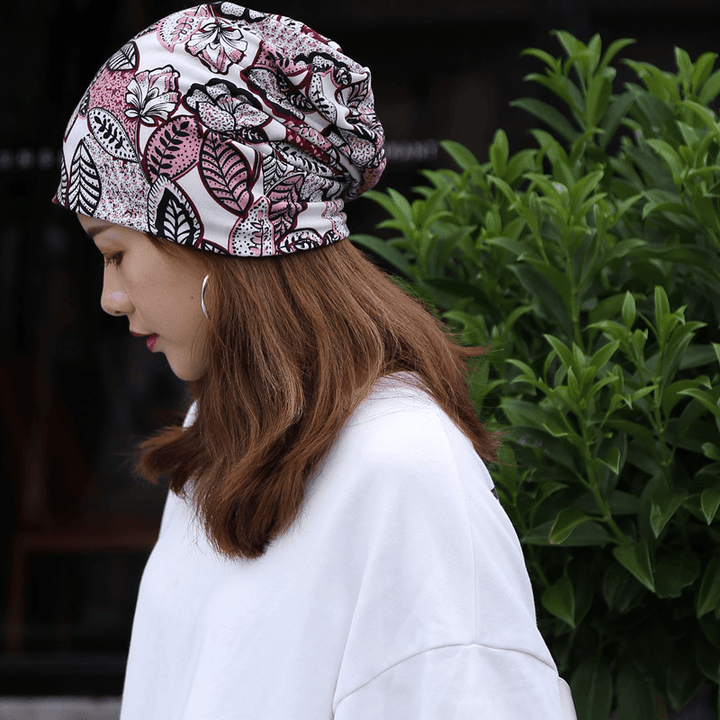 Women Cotton Floral Leaf Printing Pattern Casual Outdoor Dual-Use Neck Protection Brimless Beanie