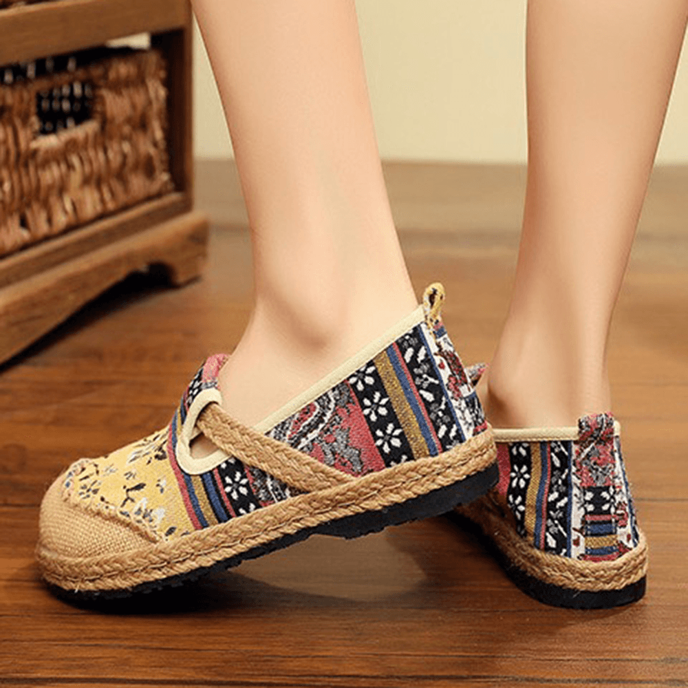 Women Linen Old Peking Printing Stricing Slip on Loafers