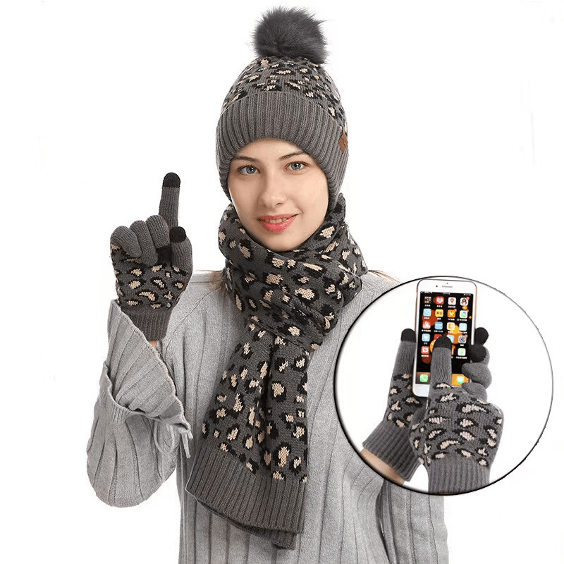 Winter Leopard Print Warm Knitted Wool Hat Scarf Gloves Three Piece Set