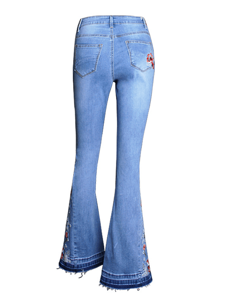 Floral Embroidered High Waist Denim Flared Pants