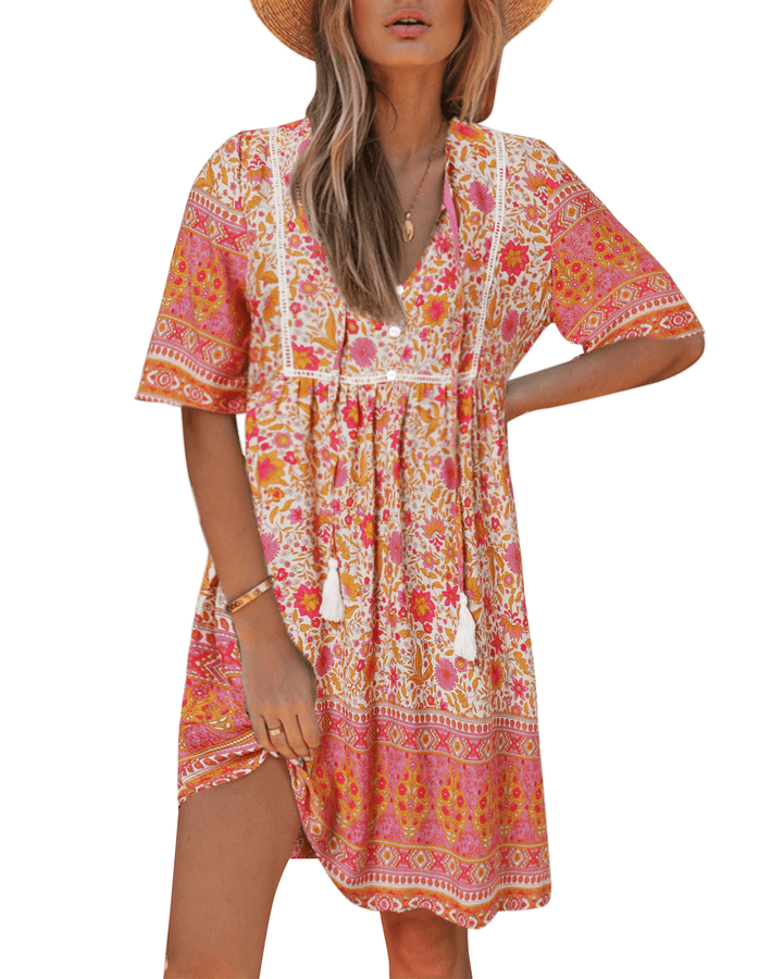 Bohemian Floral Print V-Neck Short Sleeve Mini Dress