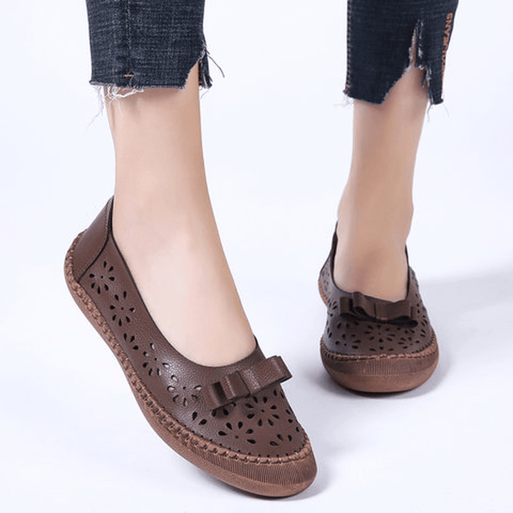 Women plus Size Genuine Leather Breathable Hollow Out Slip on Casual Flats Loafers