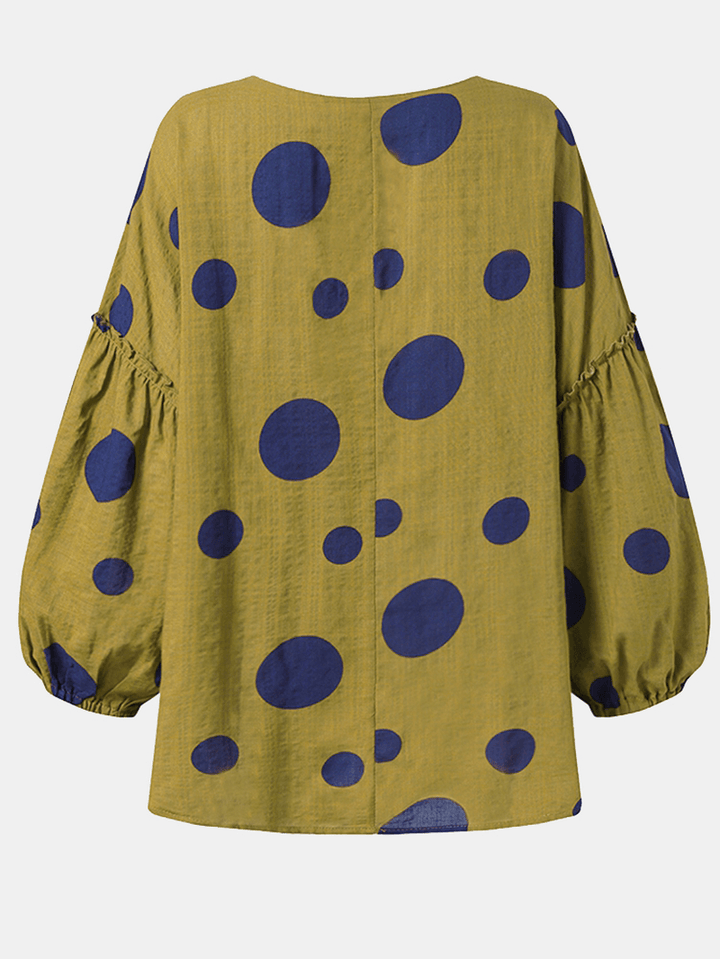 Women Vintage Polka Dot Print Puff Sleeve Loose Pleated Blouse