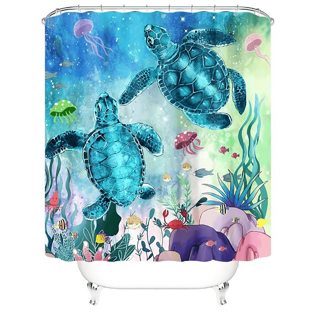 Blue Sea Turtle Shower Curtain 12 Hooks Bathroom Mat Toilet Cover Rug Decor