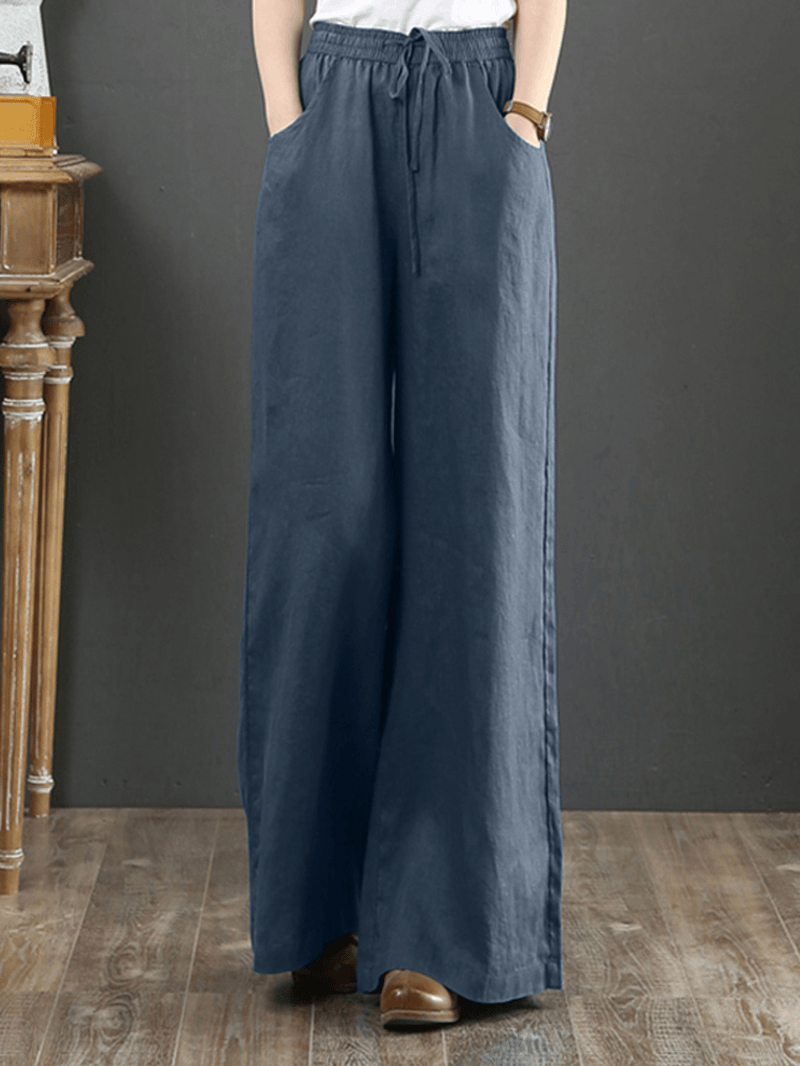 Women Solid Color Elastic Waist Drawstring Wide Leg Pants with Pocket