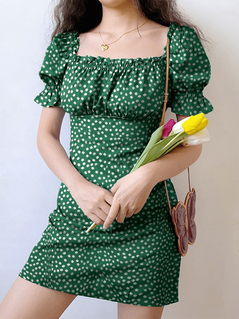 Floral Print Square Collar Pleating Short Sleeve Mini Dress