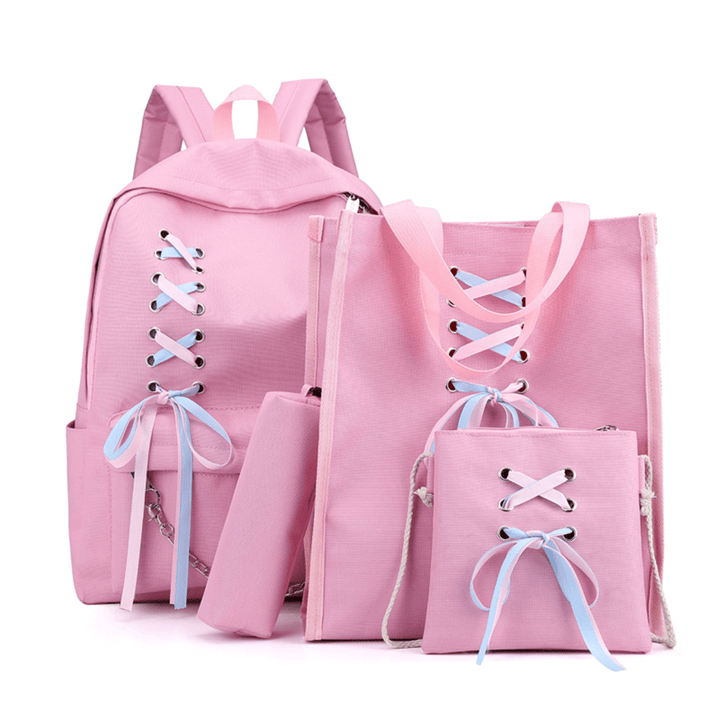 4Pcs/Set Canvas Backpack Rucksack Teenage Girls School Bag Handbag Outdoor Travel