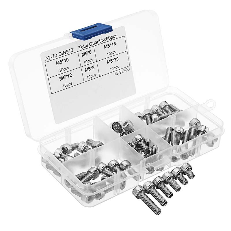 Suleve‚Ñ¢ M5SH1 60Pcs M5 Stainless Steel 6-20Mm Hex Socket Cap Head Screw Allen Bolt Assortment Kit