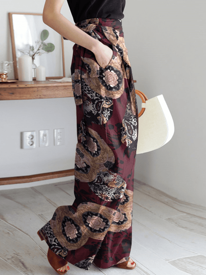 Women Ethnic Style Print Asymmetric Tie Waist Casual Wide Leg Pants