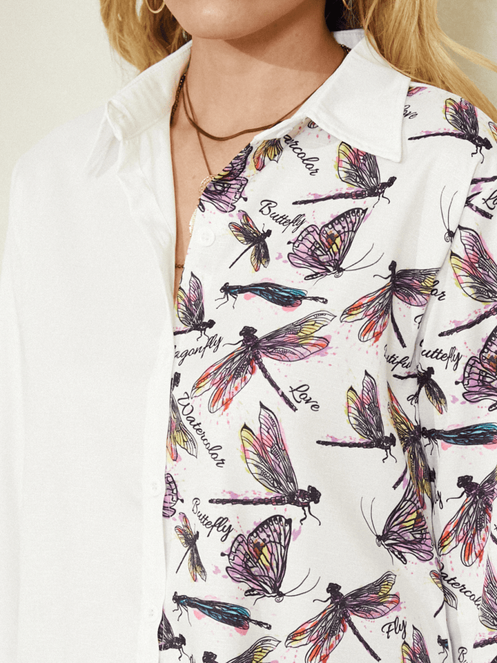 Dragonfly Print Long Sleeve Lapel White Button Shirt for Women