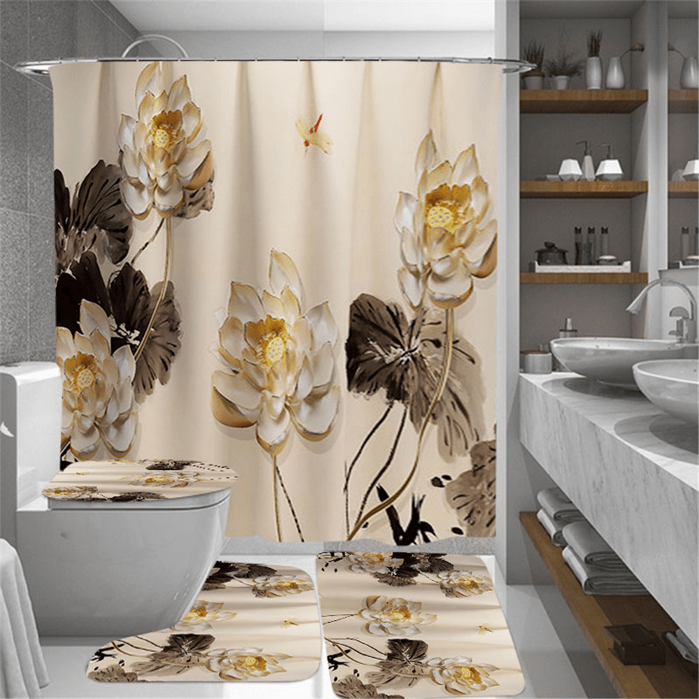 Printing Plum Blossom Shower Curtain Set Waterproof Odorless Anti-Slip Bath Mat Set