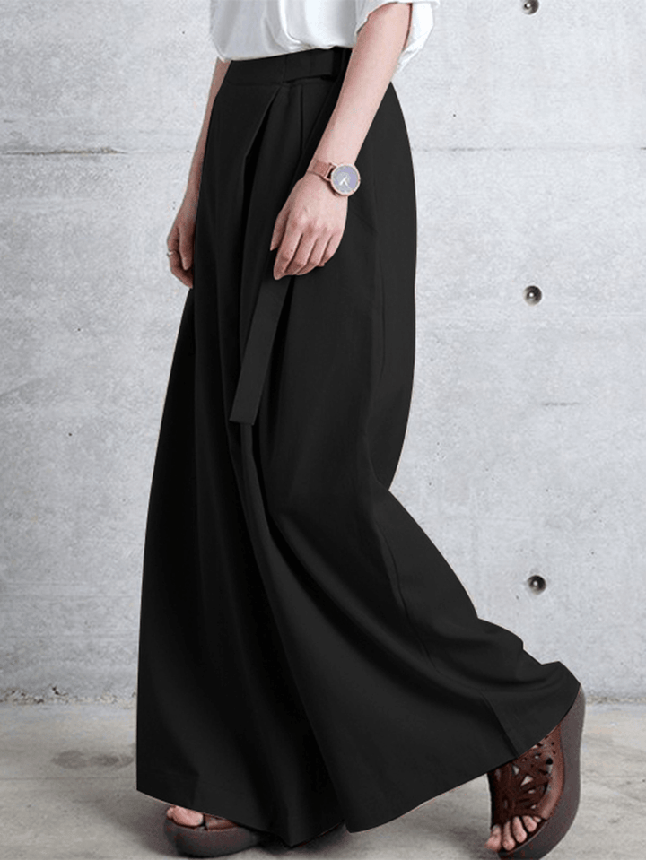 Women Side Zipper Solid Color Casual Wide Leg Pants with Pocket - MRSLM