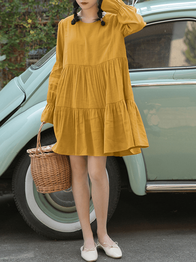 Women Cotton Solid Color Pleats O-Neck Long Sleeve Casual Dress - MRSLM