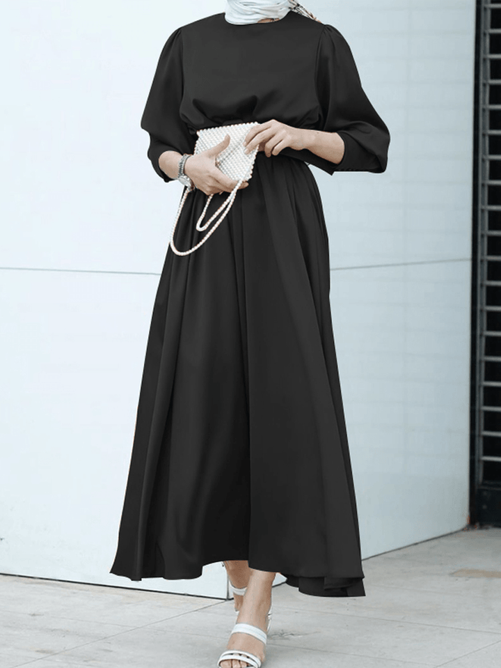 Women Pure Color Lace up Puff Sleeve Casual Kaftan Maxi Dresses