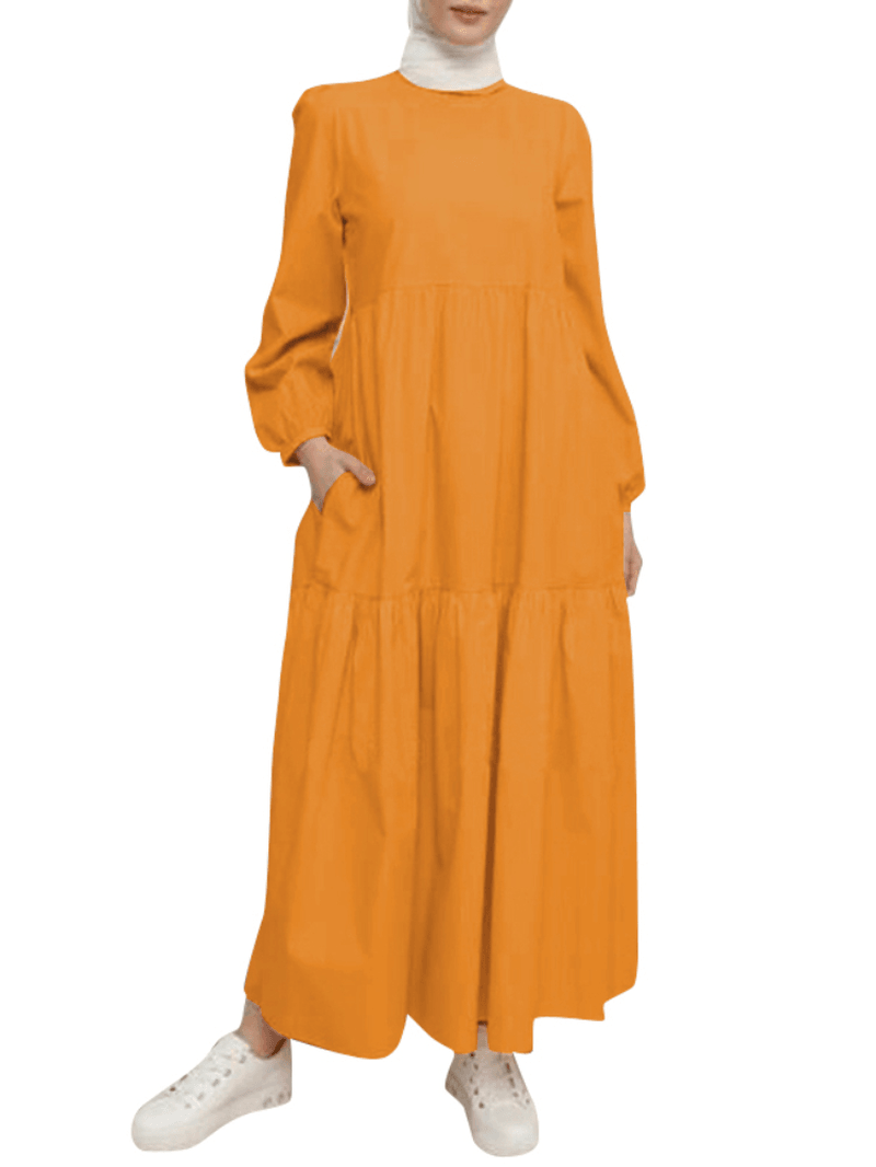 Women Solid Crew Neck Layered Back Buttons Abaya Kaftan Dress