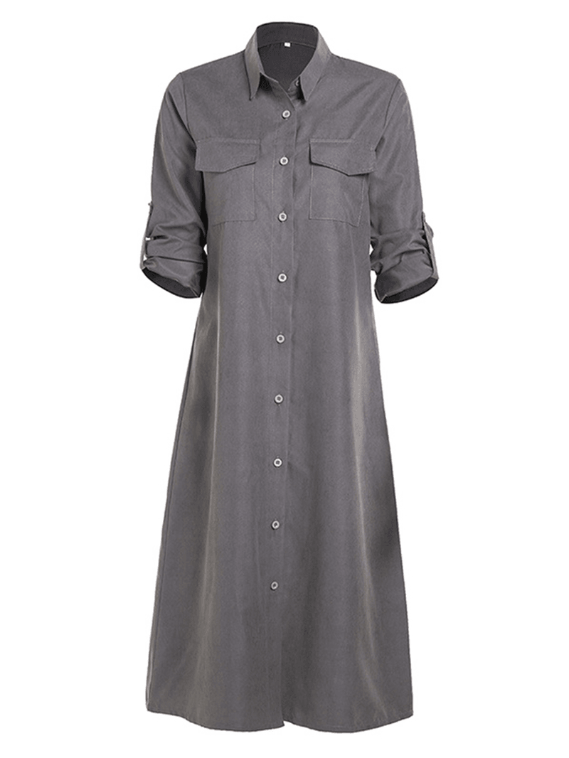 Women Long Adjustable Sleeve Button Turn-Down Collar Long Shirt Dress