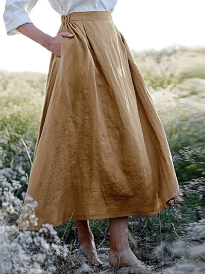 Solid Elastic Waist Linen Cotton Skirts