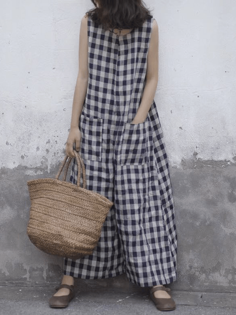 Women Sleeveless Plaid Loose Wide Leg Jumpsuit - MRSLM