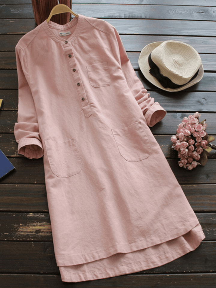 Women Vintage Long Sleeve Buttons Cotton Mini Shirt Dresses