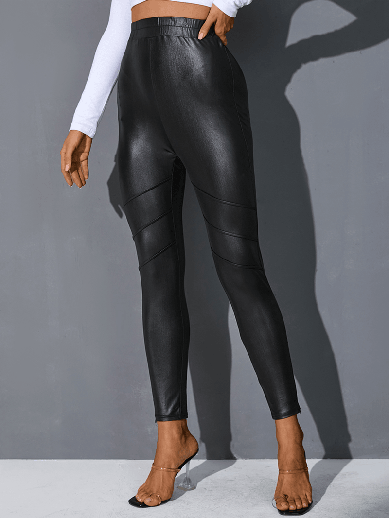 Women Solid Color PU Leather Bodycon Stylish Casual Leggings