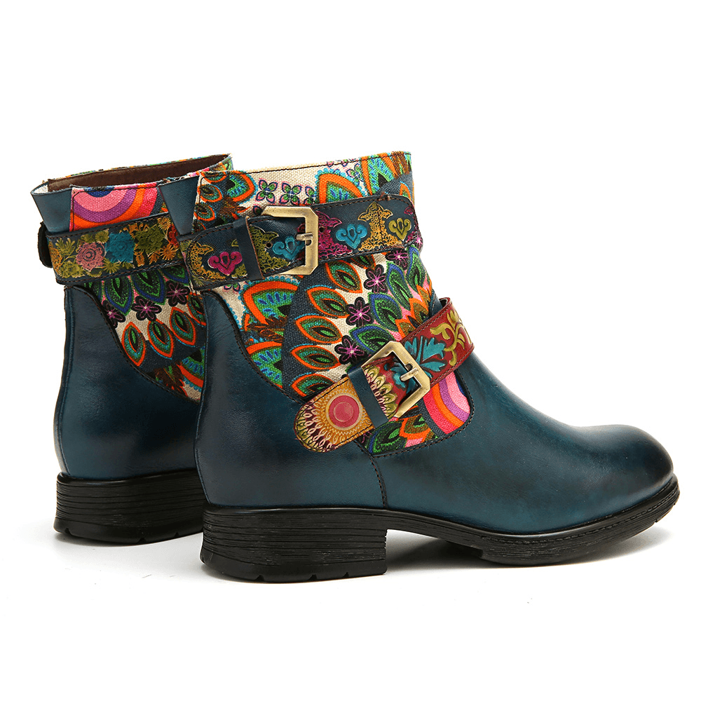 Women Metal Buckle Pattern Leather Comfy Ankle Boots