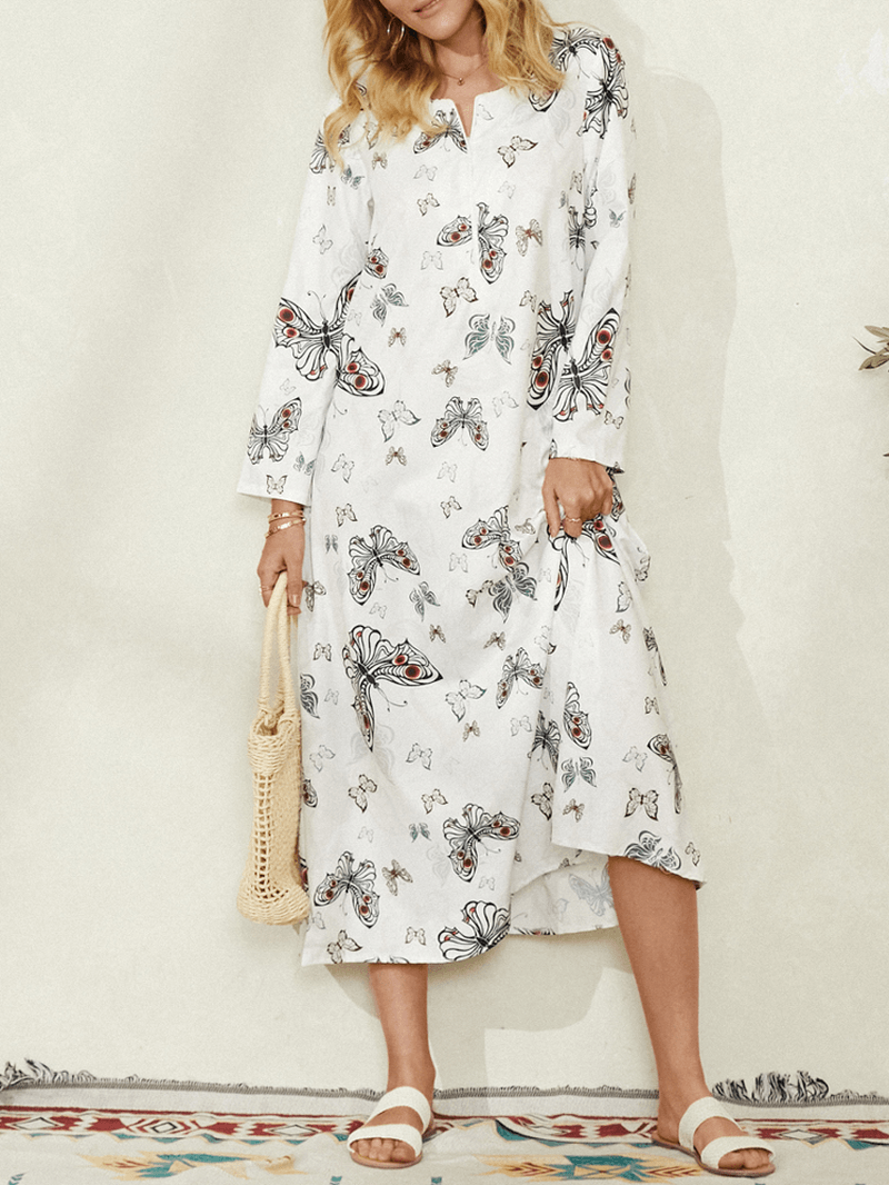 Women Butterfly Print Long Sleeve Pocket Casual Maxi Dress