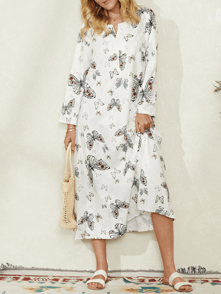 Women Butterfly Print Long Sleeve Pocket Casual Maxi Dress