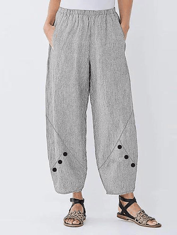 Striped Elastic Waist Side Pocket Harem Button Casual Pants