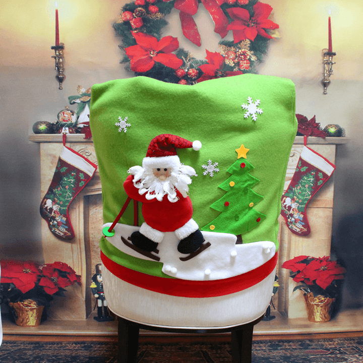 Christmas Chair Cover Cartoon Christmas Santa Claus Chair Back Cover Snowman Elk Ski Dinner Table Party Decorations