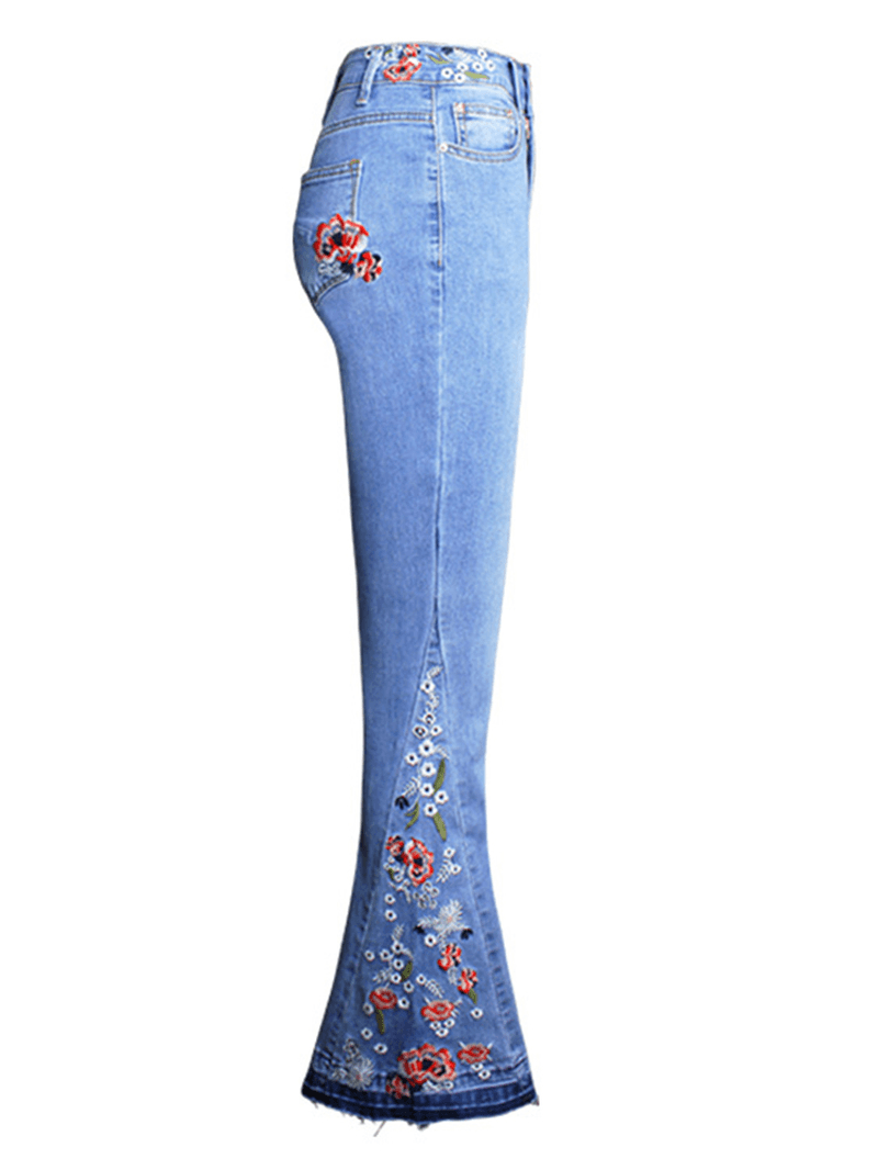 Floral Embroidered High Waist Denim Flared Pants