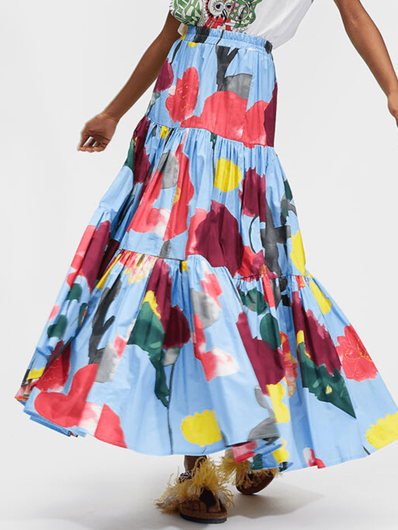 Women Colorful Floral Print Loose Elastic Waist A-Line Long Tiered Layered Skirt