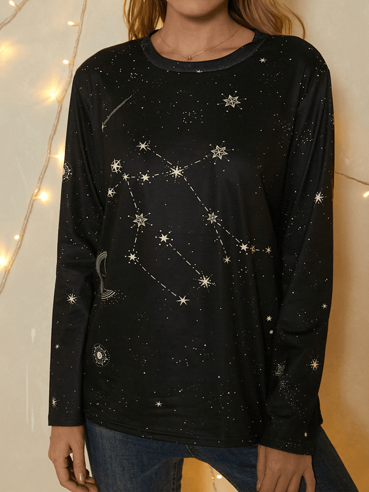 Women Gemini Print Stars Moon O-Neck Long Sleeve Casual T-Shirt