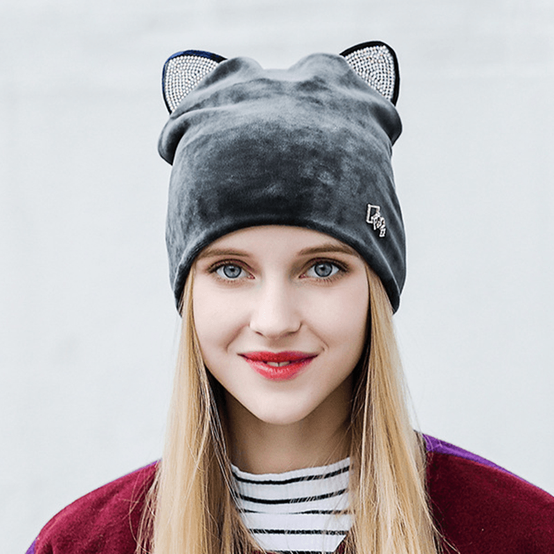 Women Velour Rhinestone Deco Cat Ear Windproof Beanie Cap