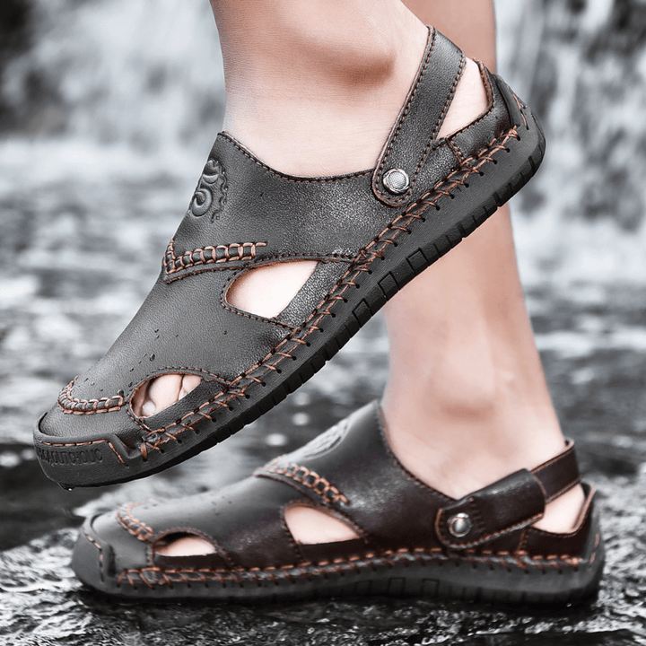 Men Cowhide Leather Breathable Hand Stitching Soft Bottom Comfy Outdoor Casual Sandals