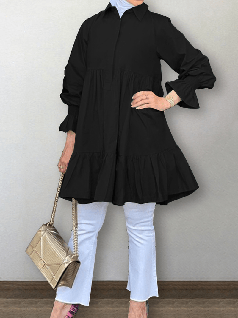 Women Half Button Lapel Tiered Ruffle Sleeve Solid Casual Blouses